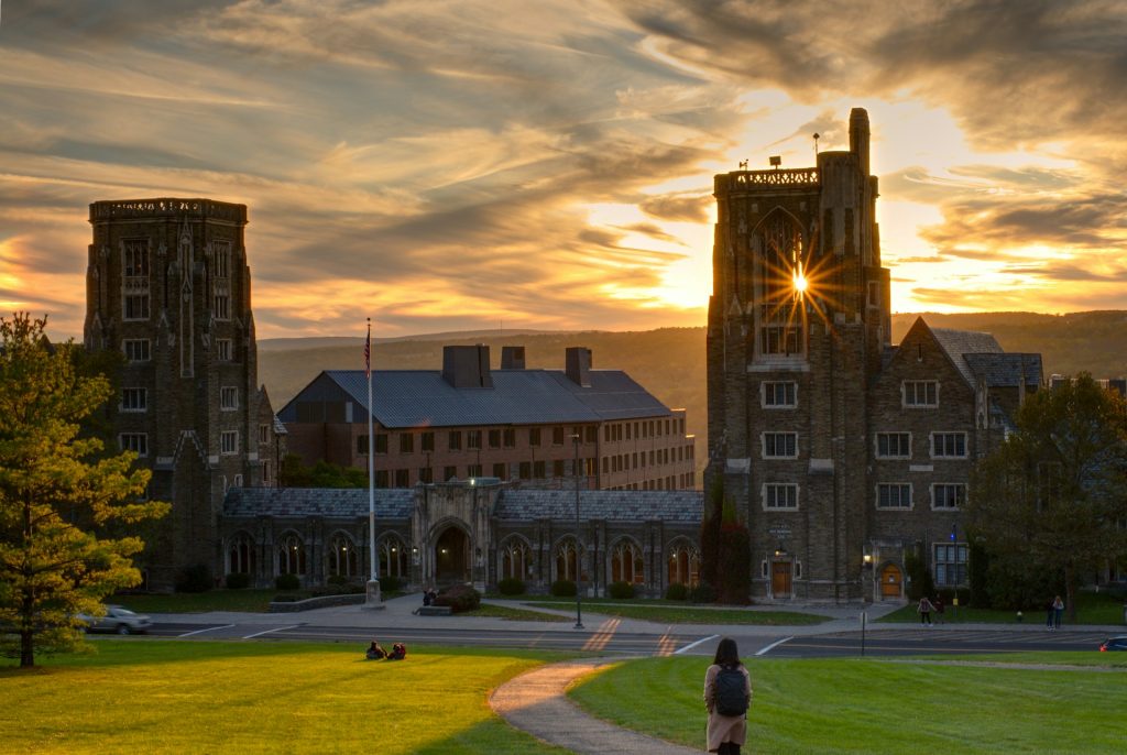 Cornell University campus at sunset.